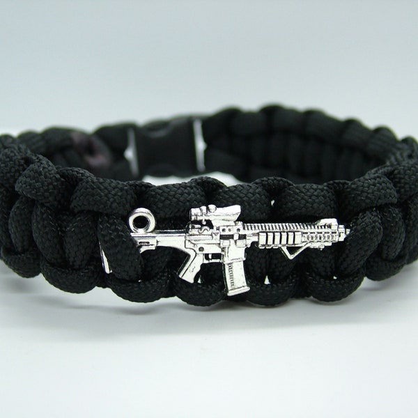 Bracelet noir en paracorde pour fusil de nuit SNIPER fait main noir et argent pour homme/bracelet pistolet en paracorde pour homme