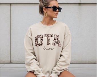 OTA Leopard Print Sweatshirt, Personalized Gift for OTAs, Sand-Colored Sweatshirt with Optional Name, Gift for Fashion-Conscious OTAs
