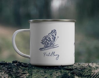 Vintage Butterfly Camping Mug, Blue Nature Mug, Botanical Enamel Camp Cup, Cottagecore Outdoor Mug, Nature Lover Gift Outdoor Campfire Mug