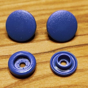 Könnte beinhalten: Vier blaue Kunststoff-Druckknöpfe. Zwei sind flach und zwei haben eine erhabene Mitte.