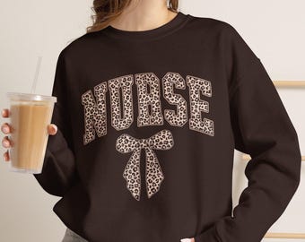 Leopard Nurse Sweatshirt, Bow Nurse Crewneck, Dark Chocolate Gildan 18000, Nurse Pride Pullover, RN Off Duty Sweatshirt, Cute Nurse Gift