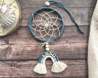 Dreamcatcher in petrol tones with rainbow macrame, gift idea for christening, birthday present, boho children's room decoration with name