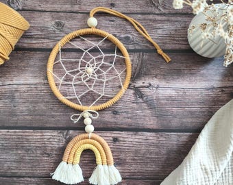 Traumfänger Baby personalisiert, Regenbogen Senfgelb, Caramel, Geschenk zur Geburt, Taufgeschenk, Boho Kinderzimmer Deko, handgemacht vegan