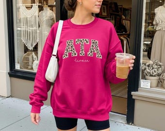 Personalized ATA sweatshirt in Heliconia Pink, Leo Print, College Style, with name or year of your choice, ATA training gift, graduation gift idea