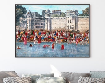 India Vintage Art Print, Watercolor of A Crowd Preparing for a Suttee Beside the Ganges (1880), Aesthetic Room Decor, Indian Wall Art