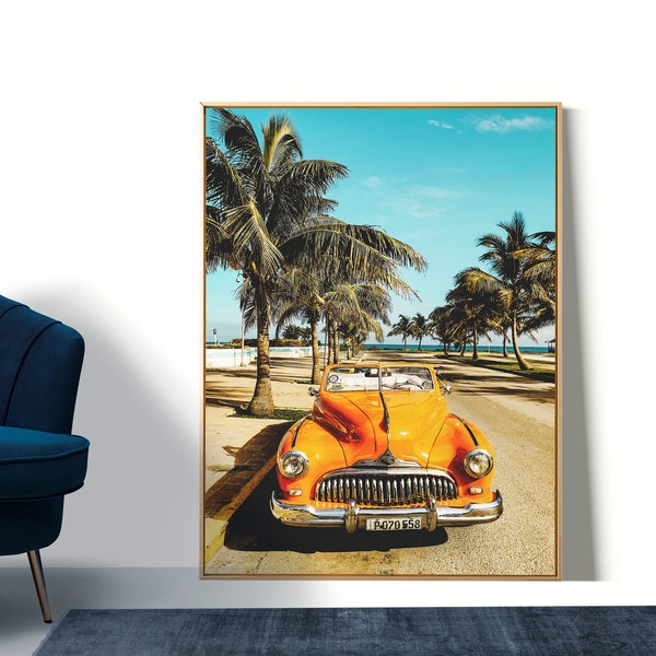 Classic car in Havana Cuba Poster, Vintage car art print, 70's cinematic look, travel poster, Havana wall art, art deco art print, gift idea