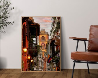 Cartagena Old City at Sunset Art Poster, Colombia Digital Painting From A Photo, South America Wall Art Gift Idea