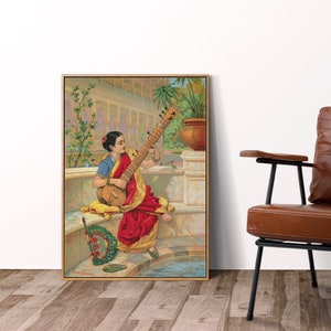 India Vintage Art Print, A seated Indian woman plays a sitar next to a garden pond, 1800s by Ravi Rama, Indian Painting