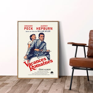 Vacances Romaines Movie Poster With Audrey Hepburn and Gregory Peck, 1953 William Wyler Movie, Enhanced and Edited Wall Art