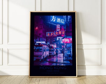 Hong Kong bij nacht reisposter, kleurrijke straatfotografie kunst aan de muur voor elke kamer of kantoor