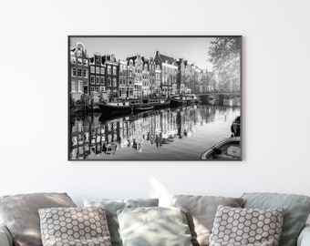Canals of Amsterdam Photography Print, Black and White, Fine Art Photography, Wall Decor, Aesthetic Room or Office wall art, Print Gift Idea