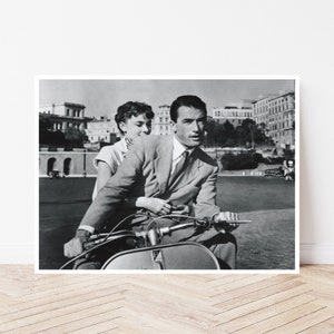 Audrey Hepburn and Gregory Peck From the 1953 Movie Vacanza Romane, Vespa Vintage Photography Reproduction, Romantic Wall Art Gift Idea image 1