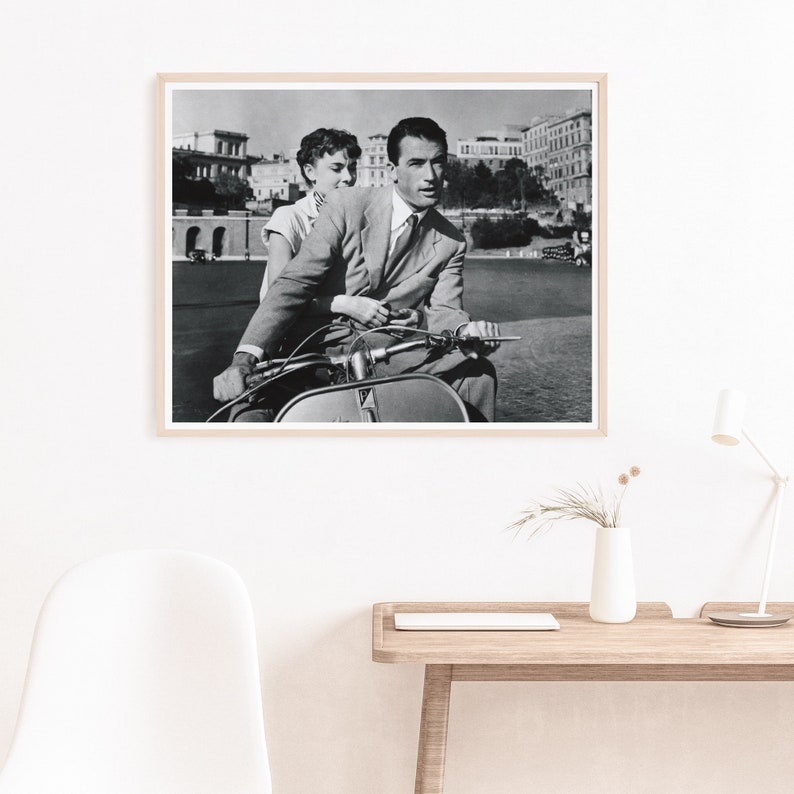 Audrey Hepburn and Gregory Peck From the 1953 Movie Vacanza Romane, Vespa Vintage Photography Reproduction, Romantic Wall Art Gift Idea image 2