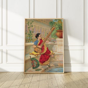 India Vintage Art Print, A seated Indian woman plays a sitar next to a garden pond, 1800s by Ravi Rama, Indian Painting