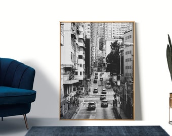 Hong Kong Street Scene Wall Art, zwart-wit straatfotografie, poster print elke kamer of kantoor