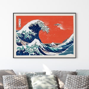Affiche OVNI au-dessus de la grande vague au large de Kanagawa - Impression d’art japonaise drôle de soucoupe volante - Art mural amélioré et édité numériquement