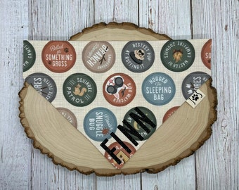 Camping Badges Dog Bandana, Hiking Dog Bandana, Outdoor Dog Bandana, Over the Collar Dog Bandana, Cute Dog Bandana, Adventure Dog Bandana