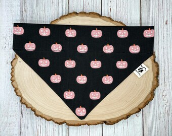 Pink Pumpkin Dog Bandana, Halloween Dog Bandana, Jack O Lantern Dog Bandana, Fun Dog Bandana, Cute Dog Bandana, Over the Collar Dog Bandana