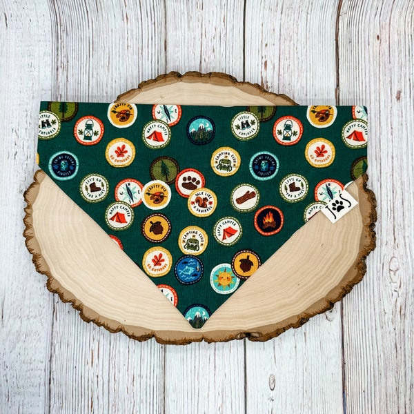 Camping Badges Dog Bandana, Hiking Dog Bandana, Outdoor Dog Bandana, Over the Collar Dog Bandana, Cute Dog Bandana, Adventure Dog Bandana