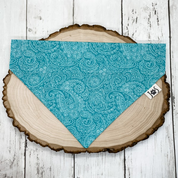 Teal Paisley Dog Bandana, Bandana Print Dog Bandana, Dog Bandana, Personalized Dog Bandana, Over the Collar Dog Bandana, Cute Dog Bandana