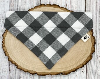 Gray Buffalo Plaid Dog Bandana, Personalized Dog Bandana, Over the Collar Dog Bandana, Flannel Dog Bandana, Dog Bandana