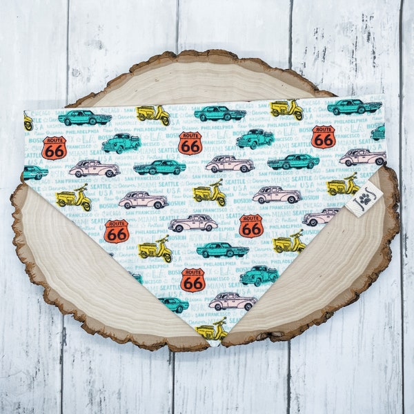 Classic Car Dog Bandana, Route 66 Dog Bandana, Personalized Dog Bandana, Over the Collar Dog Bandana, Cute Dog Bandanas, Fun Dog Bandana