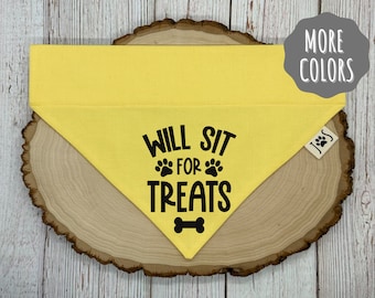 May include: Yellow dog bandana with black paw prints and the text "Will Sit For Treats" and a bone graphic.