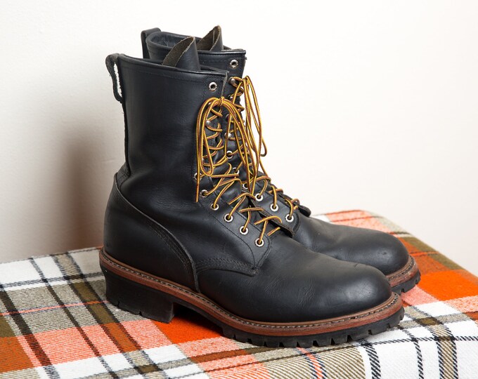Vintage Red Wing 218 Black Leather Logger Boots Laceup Soft Toe Work