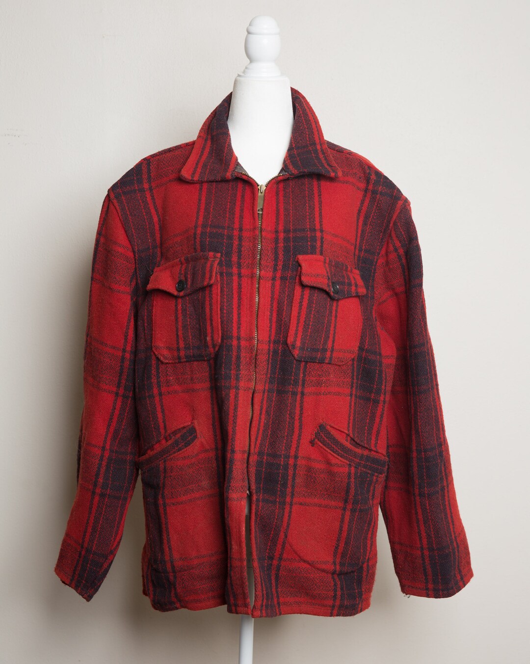 Vintage 60's Melton Hunting Coat Red Plaid Metal Zipper Jacket Mackinaw