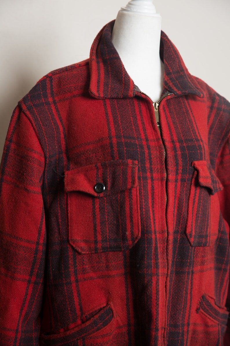 Vintage 60's Melton Hunting Coat Red Plaid Metal Zipper Etsy