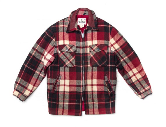 Vintage 1970's Woolrich Red Black Cream Plaid Jac… - image 1