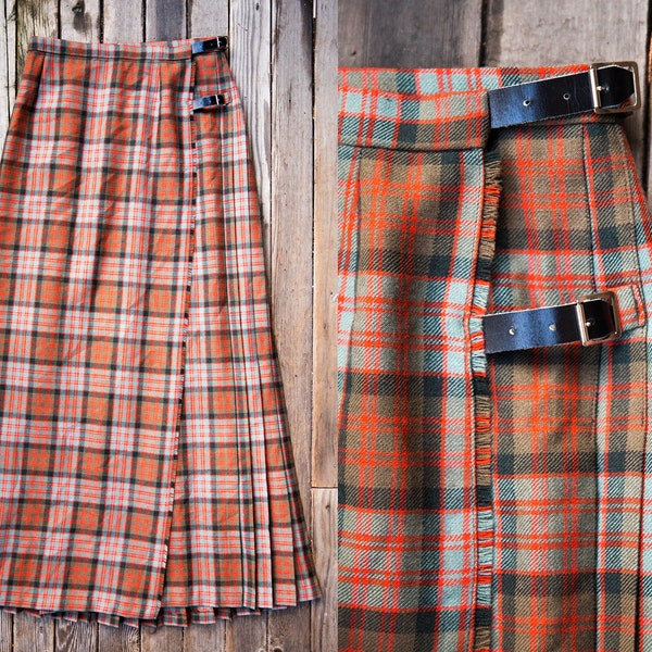 Vintage Locharron Pure New Wool Woven in Scotland Maxi Long Pleated Kilt Orange & Gray 31”-33” Waist