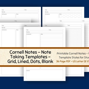 Printable Cornell Notes Method Templates Various Template Styles - US Letter Size - Goodnotes Compatible, Lined, Blank, Grid, Dot, Hexagon