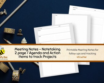 Printable Meeting Notes Template Worksheet - 2 pages for Students, the Office, etc