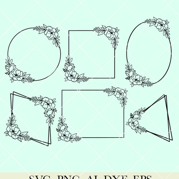 Floral frame svg bundle, rectangle, square, circle frame svg, floral wedding frame svg,Floral border svg, Flower border svg, Svg for cricut