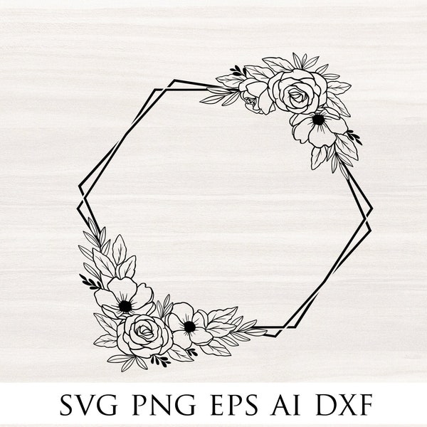 FLORAL FRAME SVG, Hexagon Frame svg, floral hexagon Frame, Flower Monogram frame, Floral Frame cut file, , Floral Border, Wedding frame svg