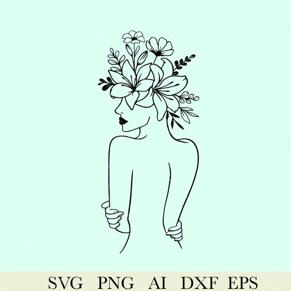 Floral Woman svg, Png, floral body svg, flower woman svg, women line drawing, lily woman svg, floral Face svg, monogram svg, cricut