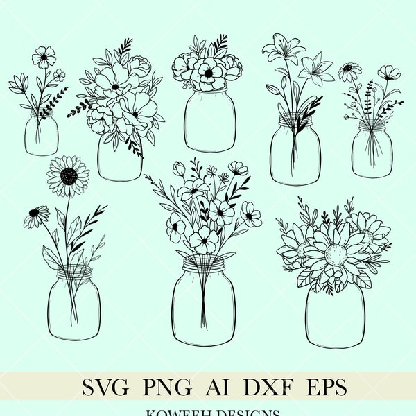 Mason jar flower bundle svg, Floral mason jar svg, wildflowers svg, Floral svg bundle, instant download