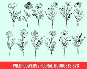 WILDFLOWERS Svg, Floral bouquet svg, flowers svg, floral svg, flower bundle svg, flowers lineart svg, botanical svg,