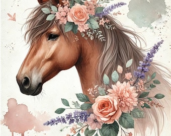 Aquarell Pferd Wandbild mit Blumenkrone Pastell Reiter Druck Pferdeliebhaber GeschenkBoho Bauernhaus Dekor
