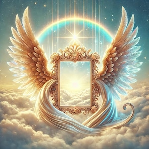 Puede incluir: Un marco dorado adornado con alas de ángel a cada lado, sobre un fondo de nubes y un arcoíris. El marco está abierto para revelar una luz brillante que brilla a través.