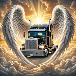 May include: A black semi-truck with angel wings on either side. The truck is surrounded by clouds and a bright light shines down from above.