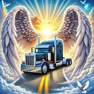 May include: A blue semi-truck with white angel wings on either side, driving on a road through clouds with a bright light shining down from above.