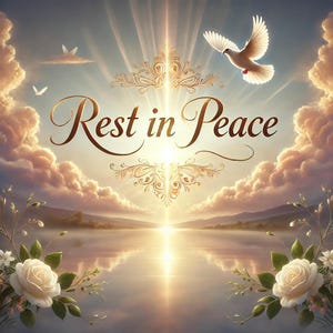 May include: A digital illustration of a peaceful scene with a bright light shining through clouds, a lake reflecting the light, and white roses on either side. The text "Rest in Peace" is written in a decorative font.