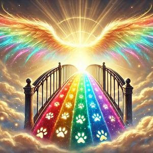 May include: A rainbow bridge with paw prints leading to a bright light, surrounded by clouds and a pair of golden wings.