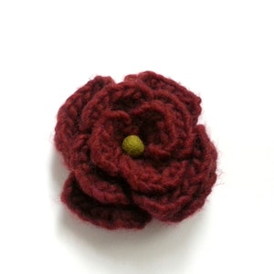 Crocheted flower pin, chunky yarn, deep brick red color, green felted ball for center