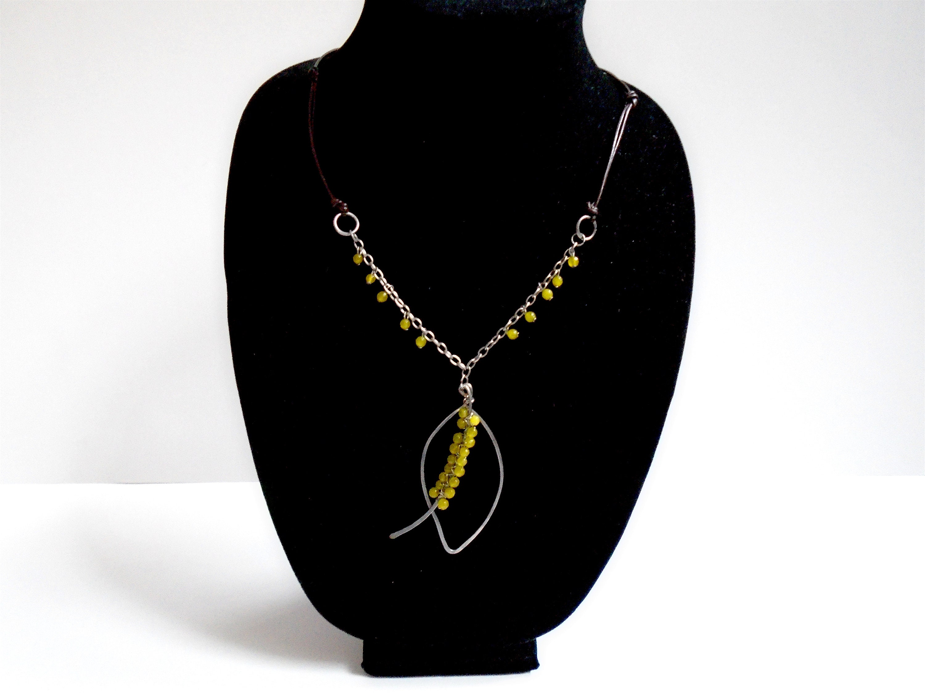 Beaded Necklace Hammered Wire Leaf Pendant Leather and Etsy UK
