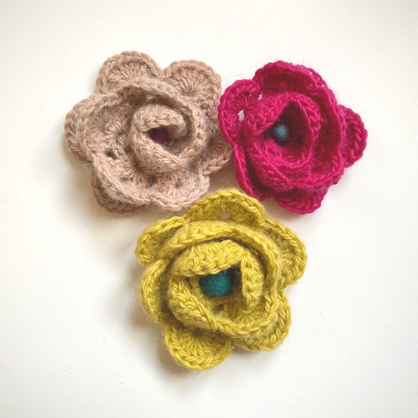 Crocheted flower pin, 3 color options, felted ball for center, large size