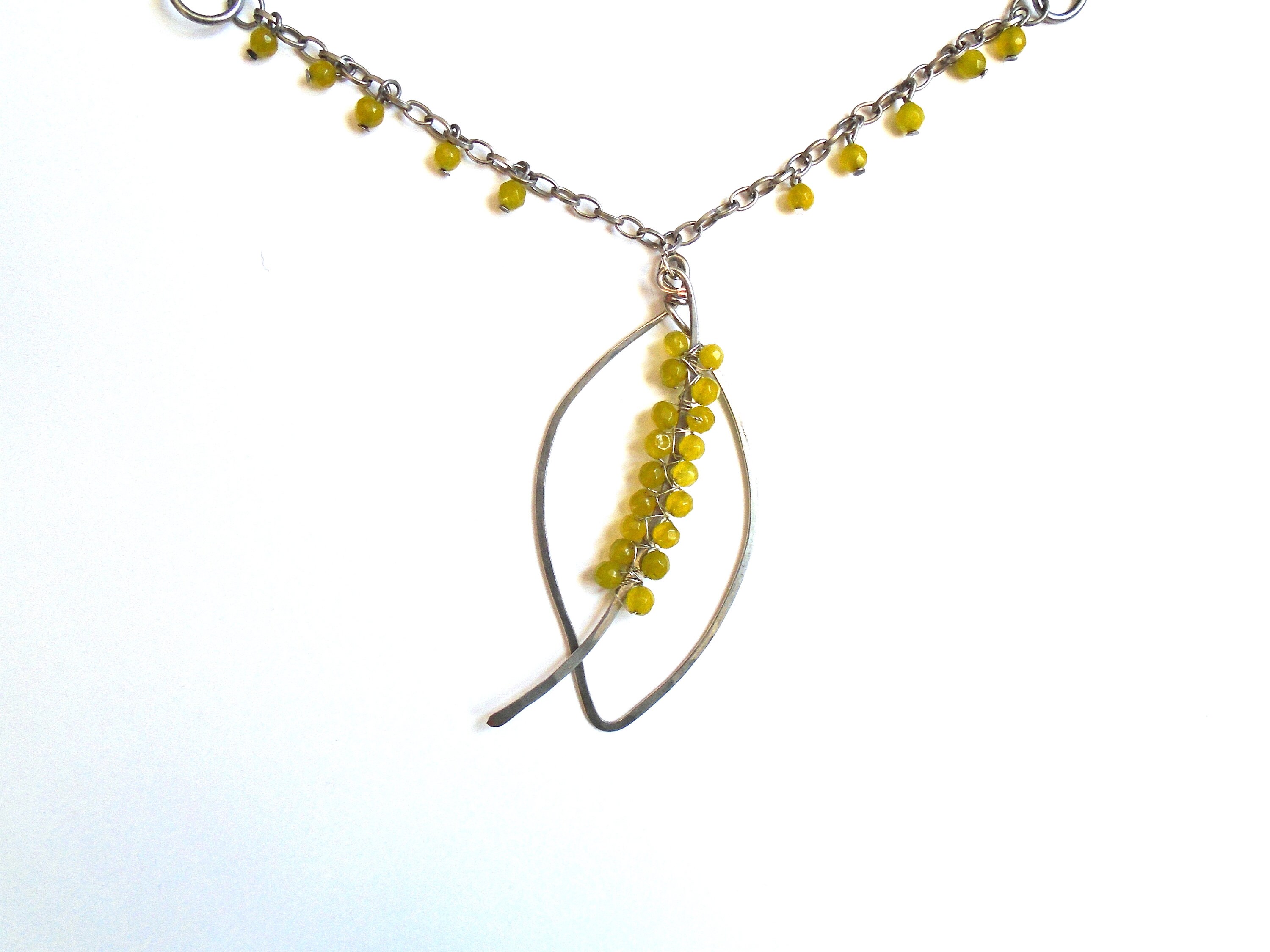 Beaded Necklace Hammered Wire Leaf Pendant Leather and Etsy UK
