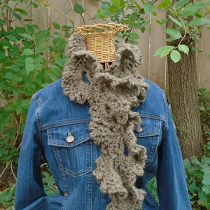 Crocheted scarf, ruffled stitch pattern, chunky yarn, taupe color